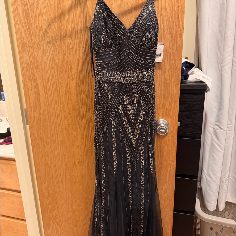 David's Bridal Black and Silver Beaded Maxi Dress